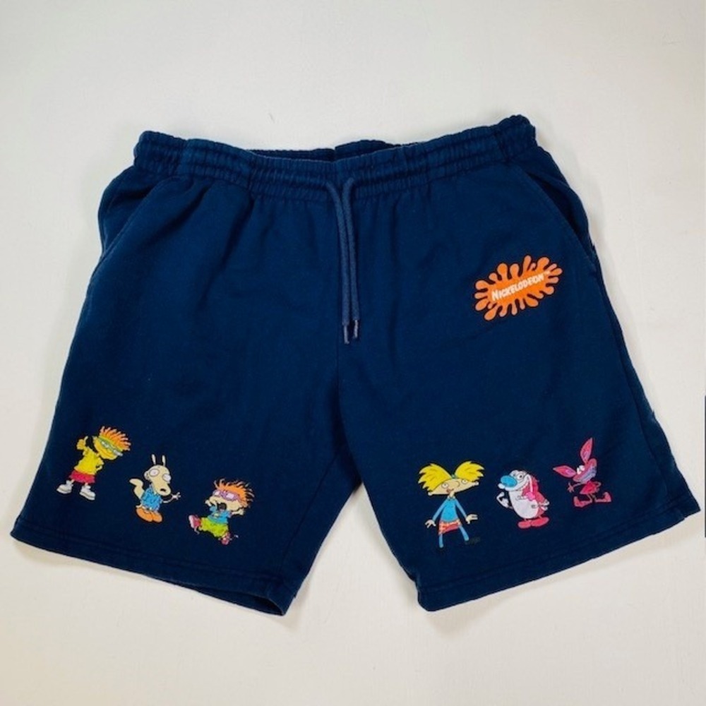 Nickelodeon Mens Navy Blue 90s Cartoon Graphic Sweat Shorts Rugrats Hey Arnold L